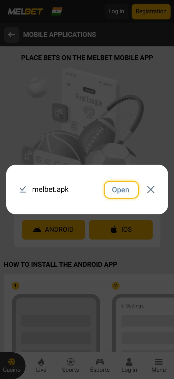 The Melbet app completes installation quickly for android users in India.