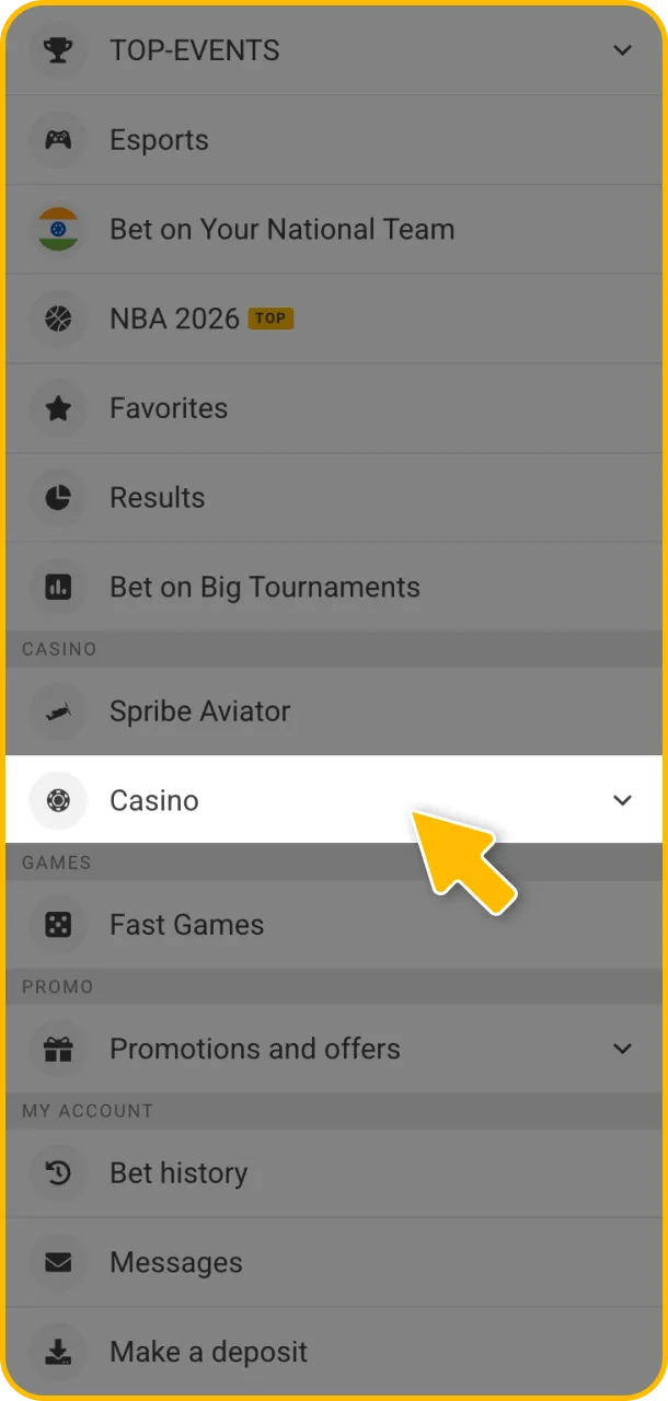 Navigate to the slots section on the official Melbet India platform.